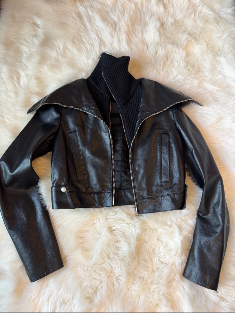 Givenchy Black Cropped Leather Jacket with Ribbed High Collar